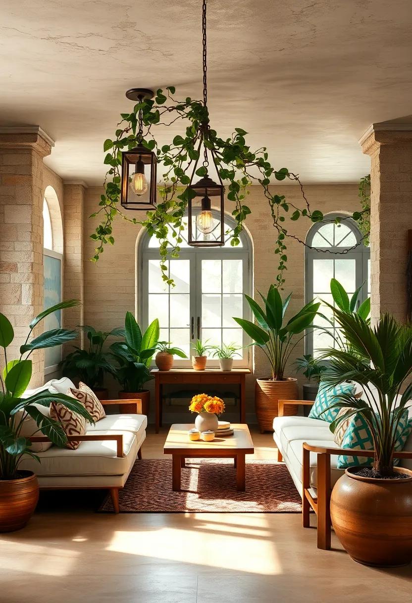 Tropical Vines Twining Around Antique Lantern Fixtures Casting Playful Shadows