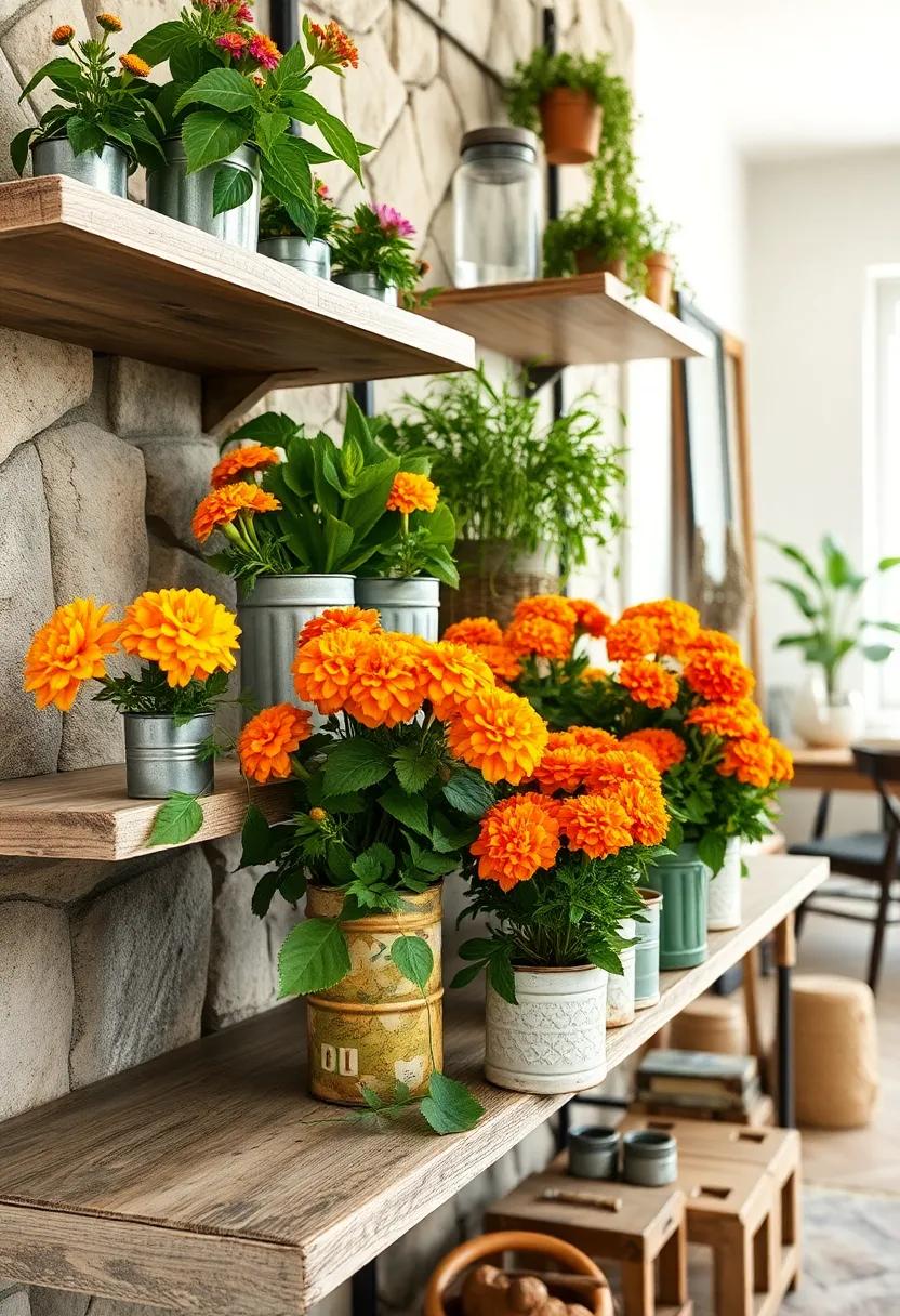 Bright Marigolds Arranged in Upcycled Tin Cans Along Weathered Farmhouse Shelves