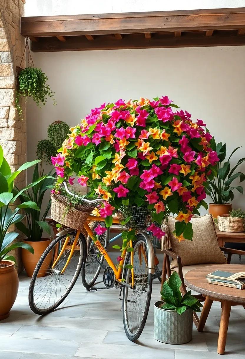 Draping Colorful Bougainvillea Across Vintage Cyclist Bicycles for Eclectic Garden Charm