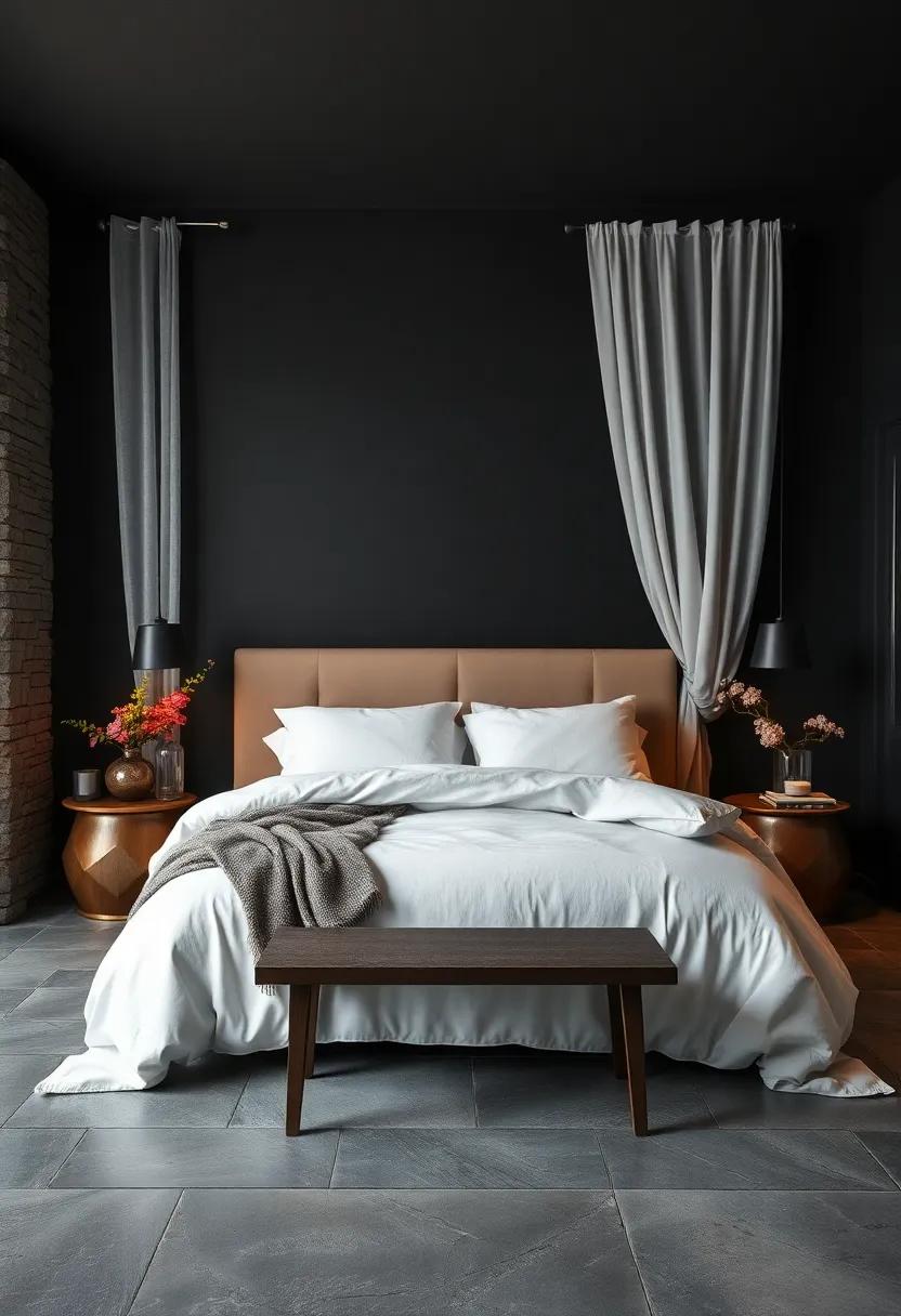 Balancing Deep Charcoal Walls with Soft White Drapes for a Harmonious Bedroom Ambiance
