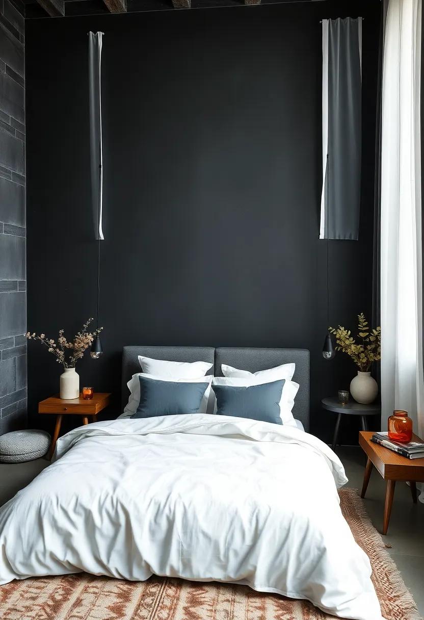 Selecting Sheer White Curtains to Diffuse Natural Light in a Strong Charcoal Bedroom Scheme