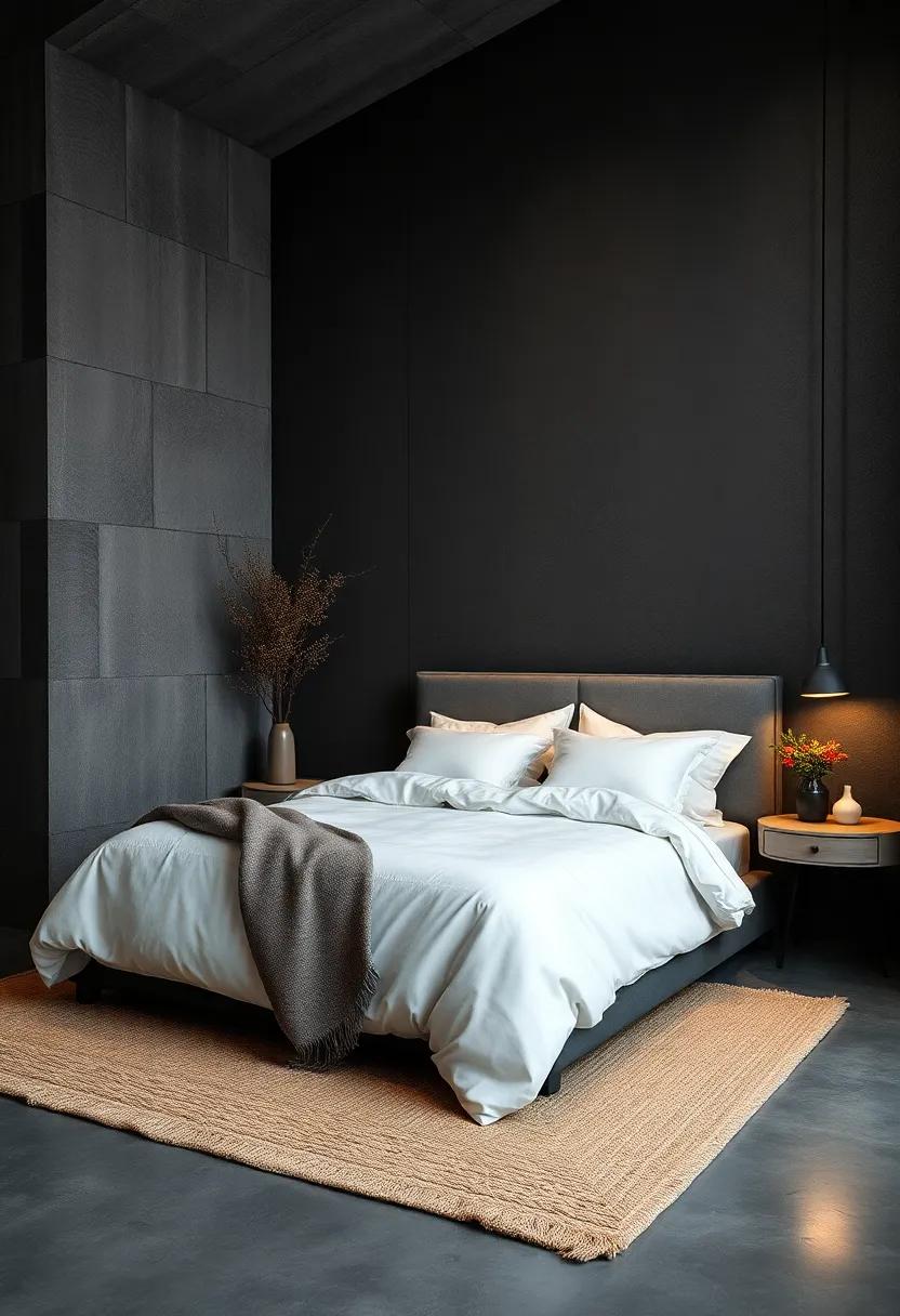 Layering Textures in a Dark Charcoal Bedroom to Complement Crisp White Bedding