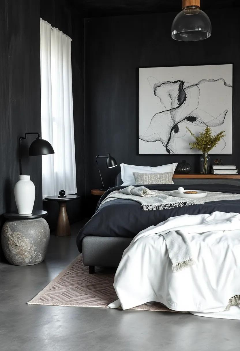 Creating Visual Interest with Abstract White Throw Blankets on a Charcoal Bedframe