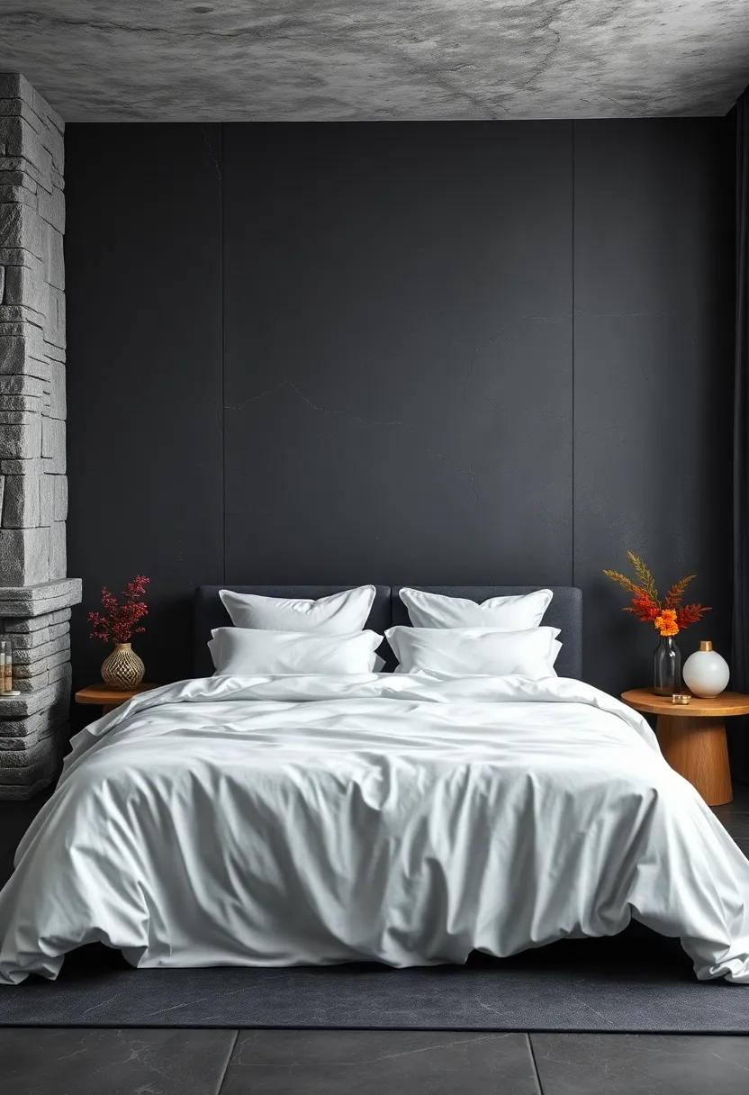 Amplifying Serenity with Smooth White Bed Linen and Textured Charcoal Surfaces