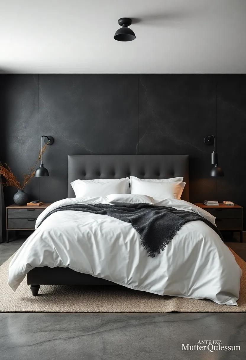 Contrasting Black Hardware Fixtures with Crisp White Bedding Surfaces for Visual Drama