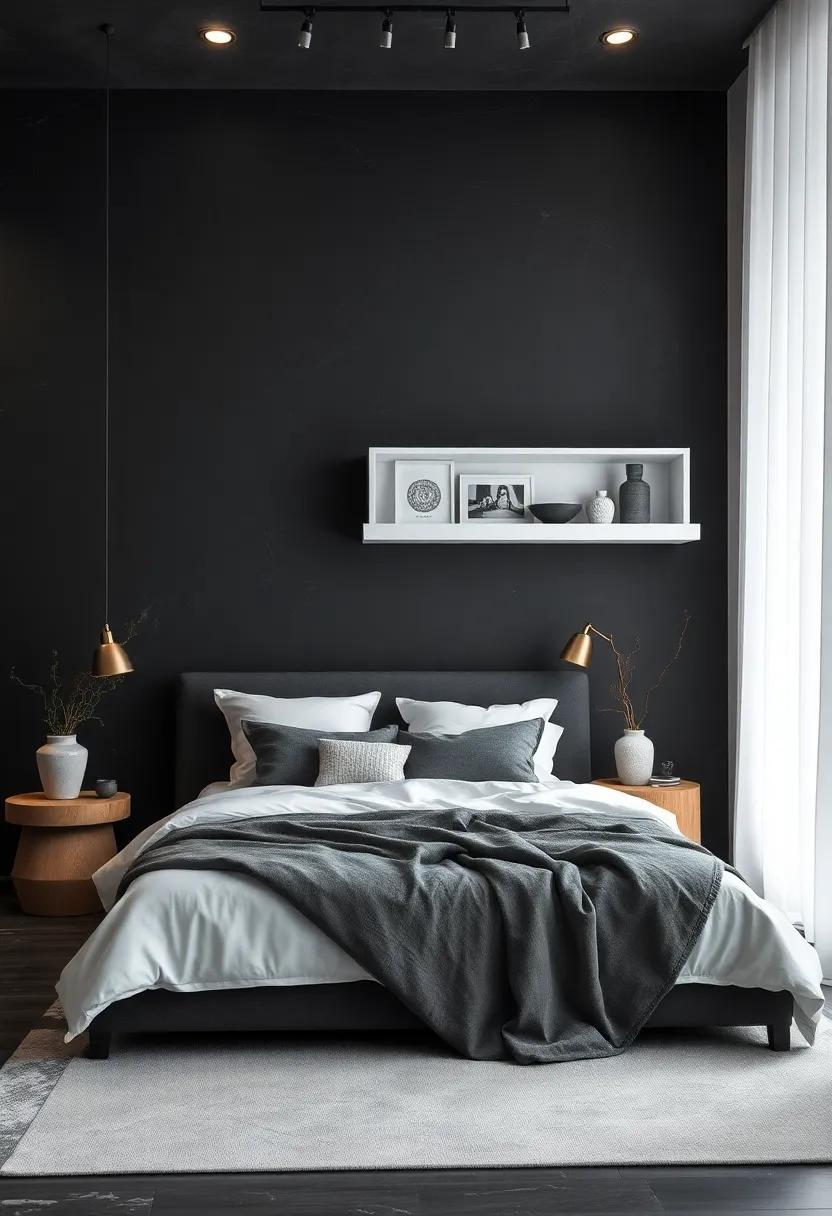 Incorporating White Floating Shelves to Break Up Charcoal Wall Expanses and Display Artifacts