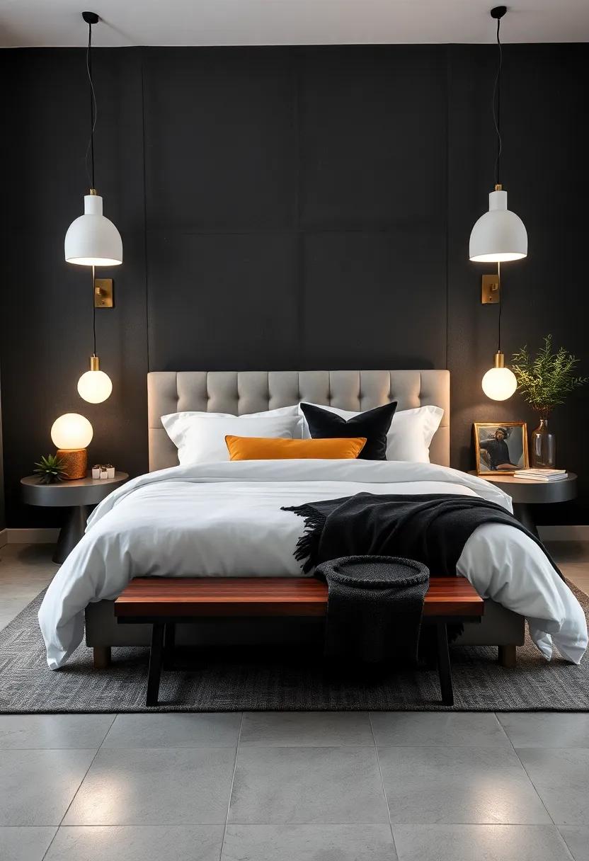 Introducing Sculptural White Lighting Fixtures to Accentuate the Charcoal Room's Depth