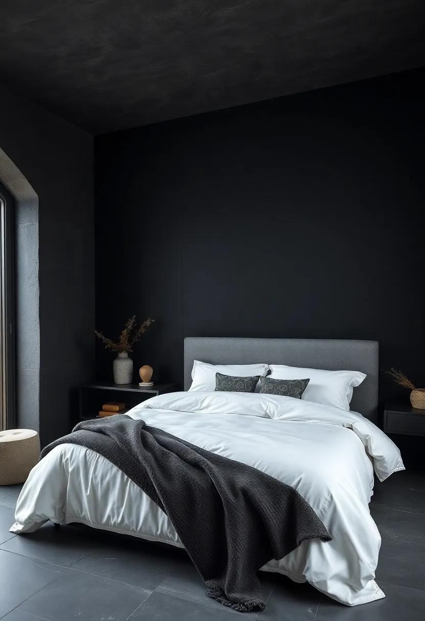 Blending Matte and Glossy Finishes to Elevate the Interaction Between Dark Walls and White Bed Sheets