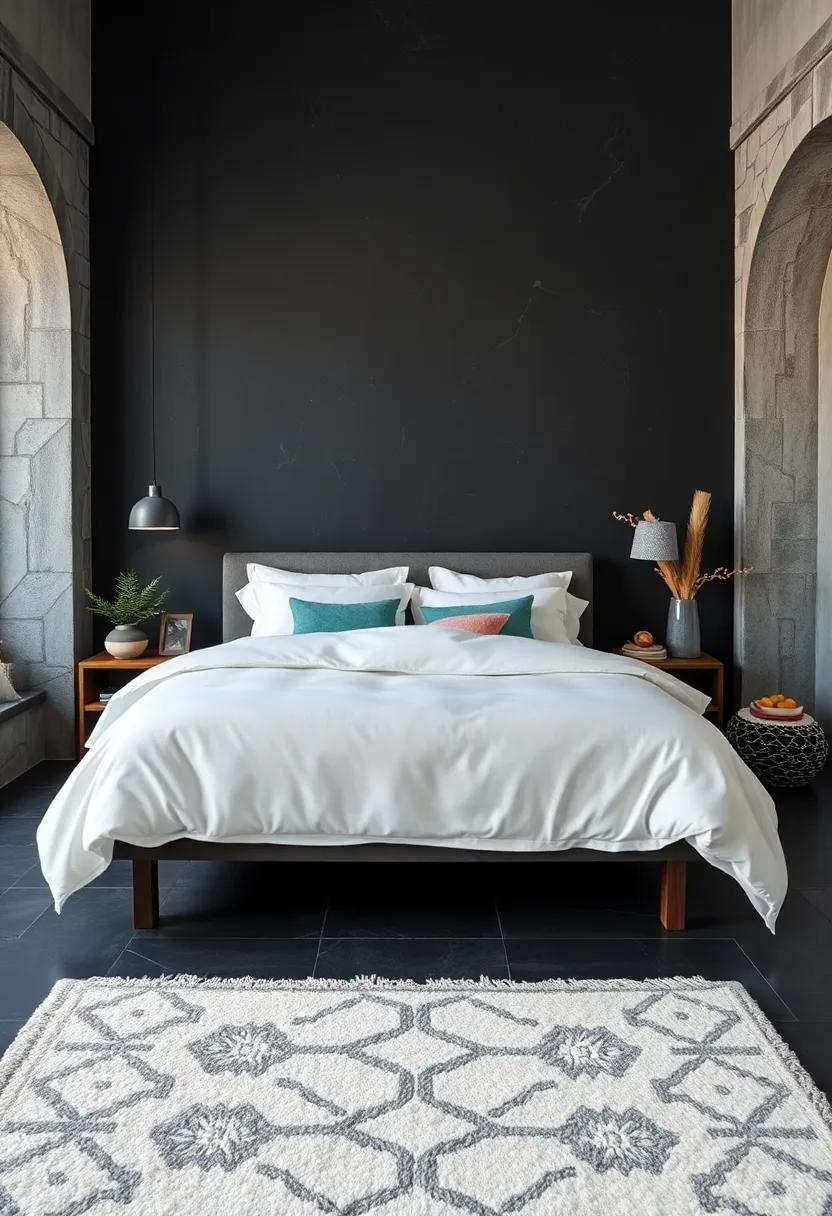 Showcasing Geometric White Rugs on Rich Charcoal Flooring for Visual Depth and Balance