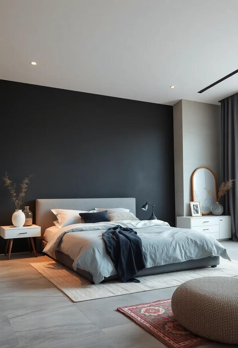 Using Minimalist White Furniture to Brighten a Room Dominated by Dark Charcoal Tones