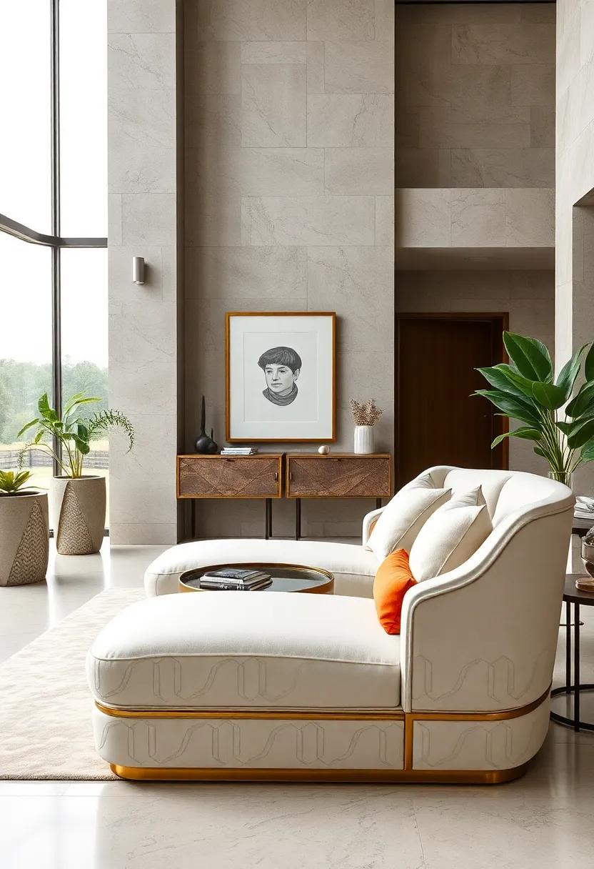 Art Deco Glamour Expressed Through Bold Geometric Shapes and Gold Trim on Chaise Lounges