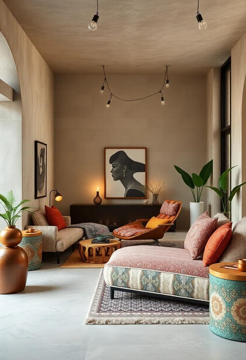 Bohemian Luxe with Intricate Patterns and Textured Fabrics on Relaxed Chaise Lounges