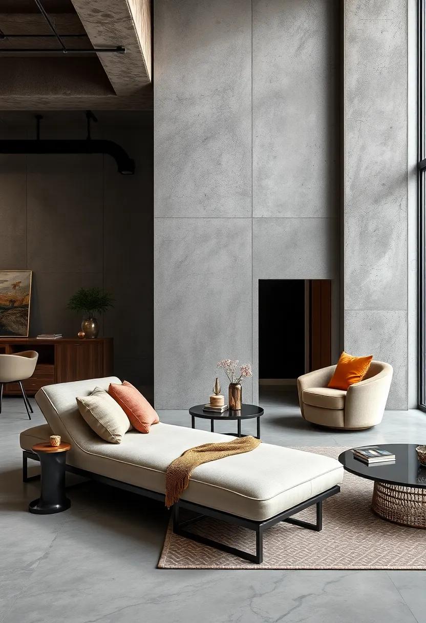 Chic Urban Lofts Featuring Compact Chaise Lounges with Metallic Accents and Concrete Walls