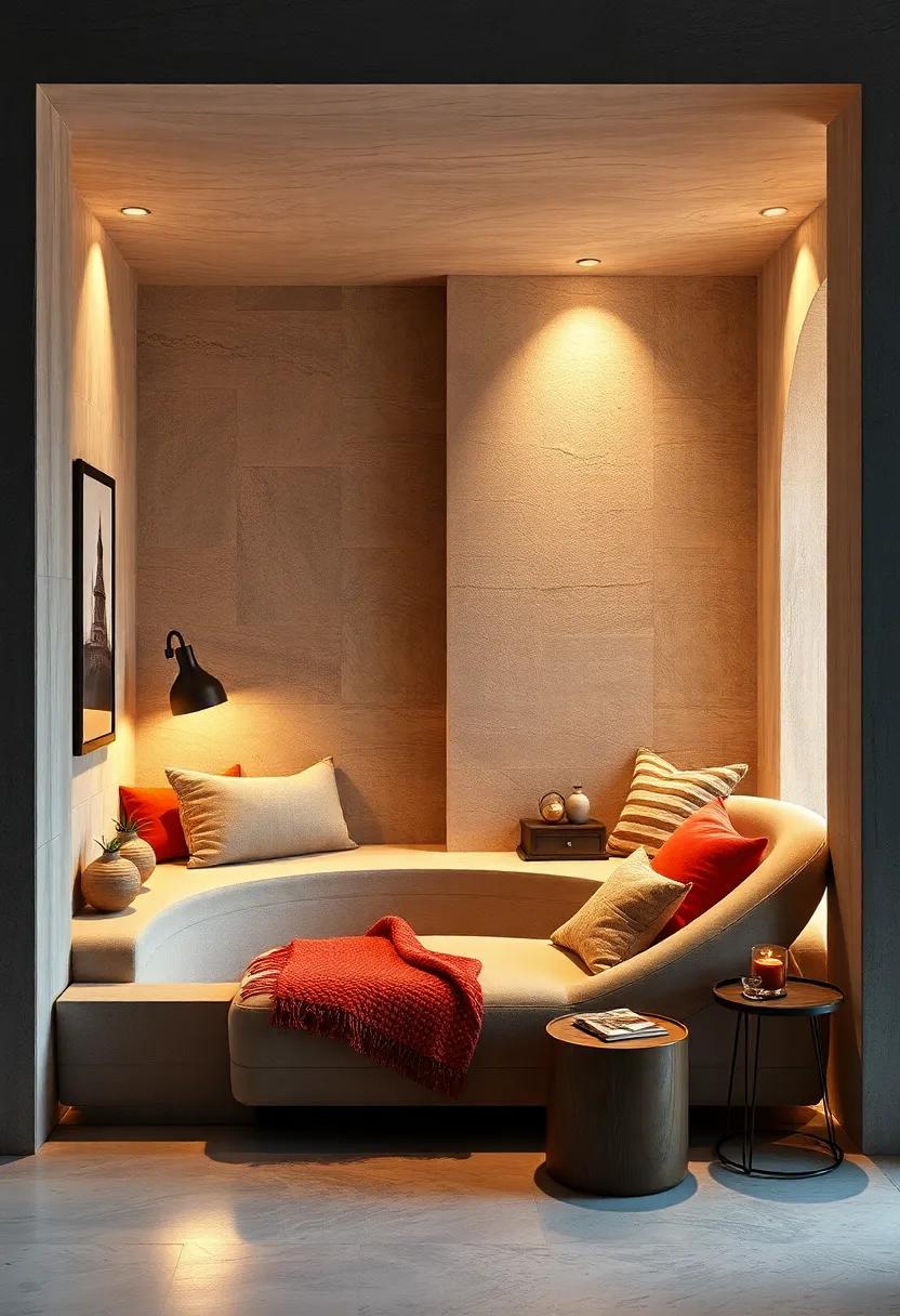Cozy Book Nooks Featuring Curved Chaise Lounges Bathed in Warm Ambient Lighting