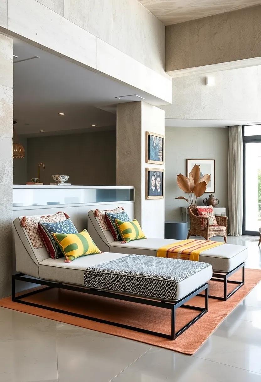Eclectic Juxtaposition of Patterned Cushions and Sleek Metal Frame Chaise Lounges
