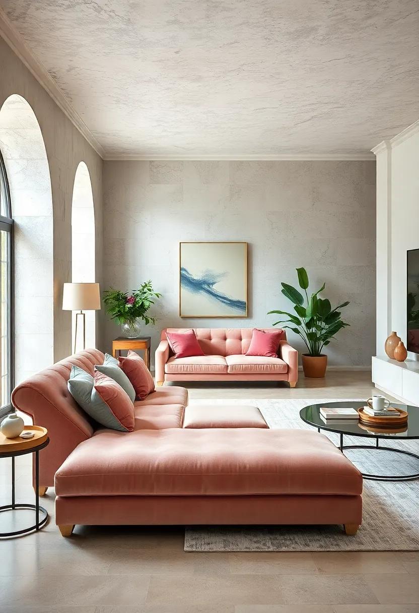 Elevated Elegance Featuring Velvet Upholstered Chaise Lounges in Serene Pastel Living Spaces