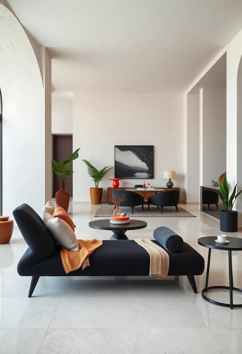 High Contrast Interiors Using Matte Black Chaise Lounges Against Crisp White Backdrops