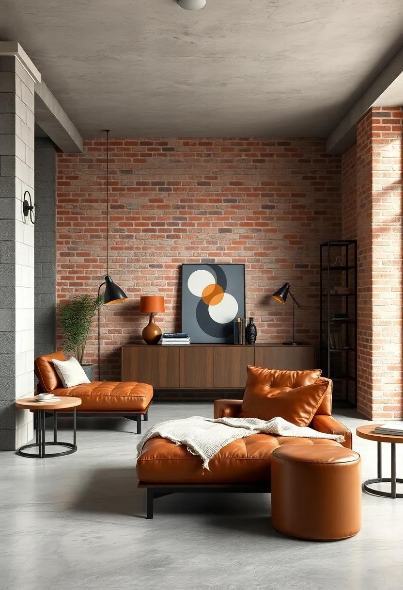 Industrial Edge Featuring Leather Chaise Lounges Against Raw Brick and Metal Accents