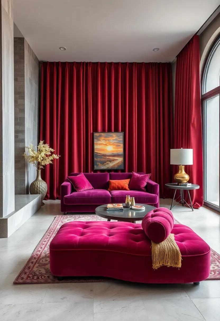 Luxurious Plush Chaise Lounges in Deep Jewel Tones Set Against Rich Velvet Curtains