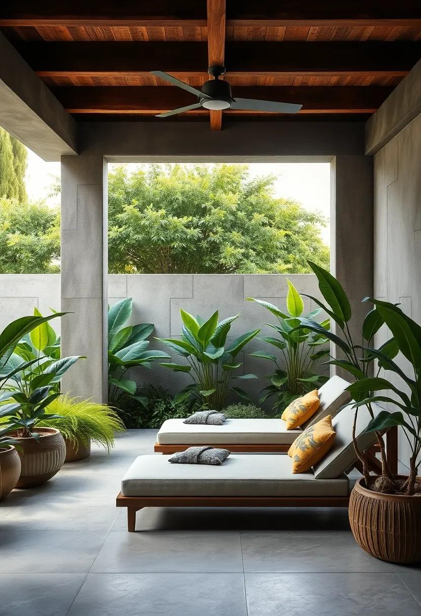 Outdoor Oasis Scenes with Weather-Resistant Chaise Lounges Amidst Lush Greenery