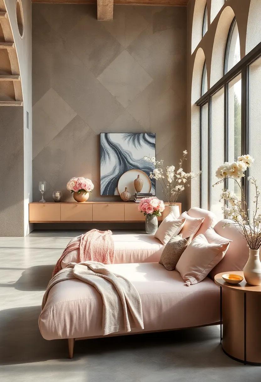 Soft Feminine Touches Using Pastel Chaise Lounges and Delicate Floral Arrangements