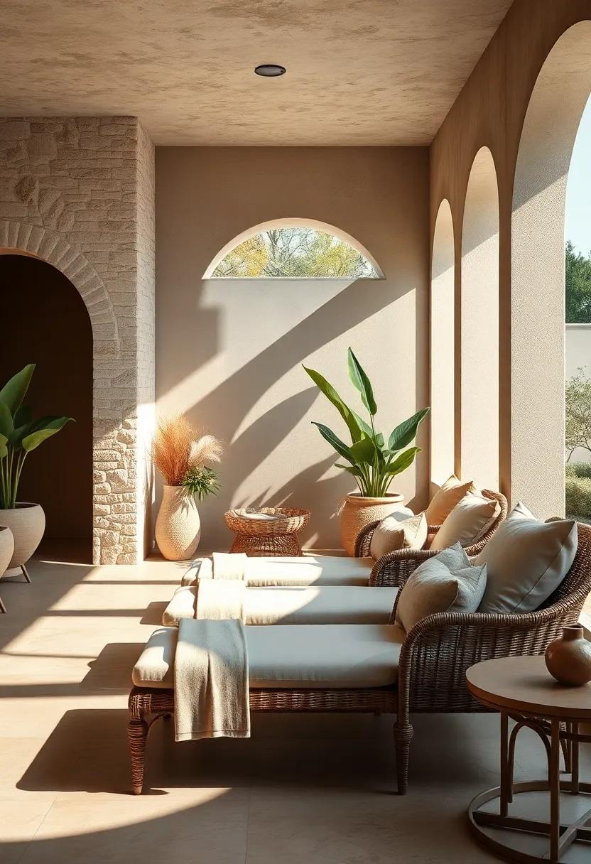 Sunlit Garden Corners Showcasing Wicker Chaise Lounges with Cushions in Earthy Tones