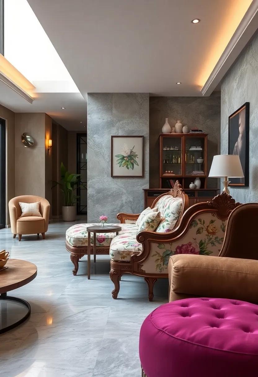 Vintage Charm Captured by Ornate Wooden Chaise Lounges Adorned with Floral Fabrics