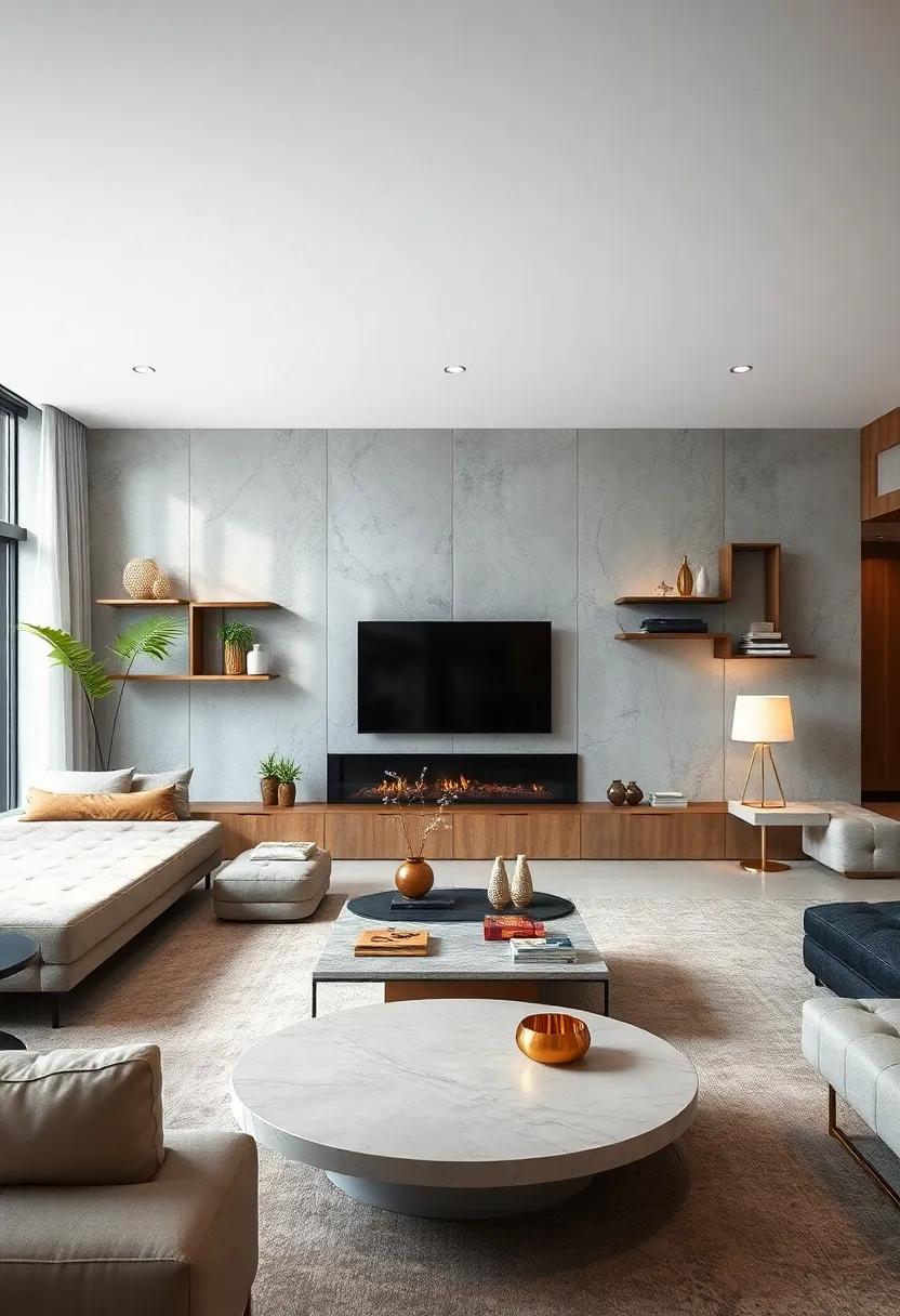 Floating Coffee Tables Mounted on Wall Clusters Creating Unique Visual Statements and Space Saving