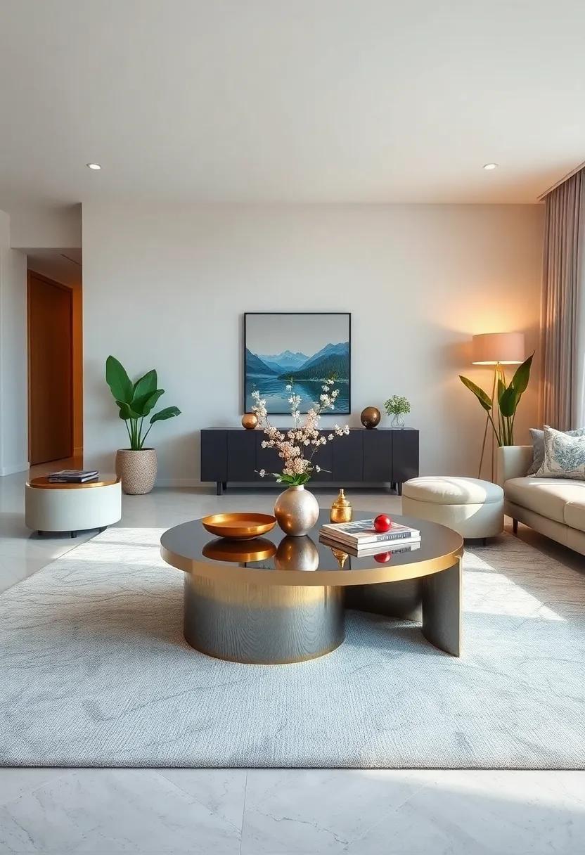 Metallic Coffee Tables with Polished Surfaces Adding a Touch of Glamour and Reflective Light Play