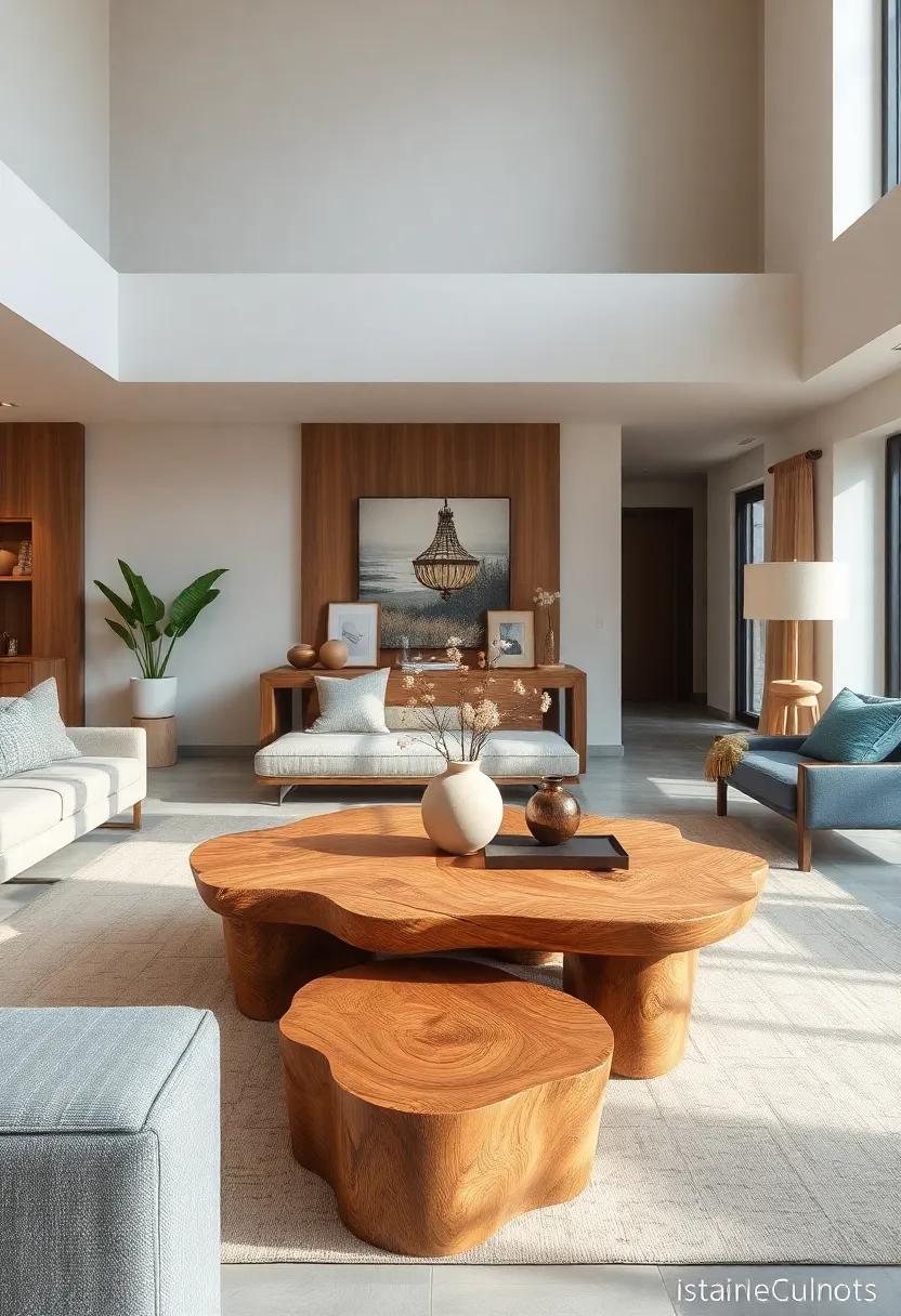 Rustic Wooden Coffee Tables Featuring Natural Grain and Organic Shapes for a Cozy, Warm Vibe