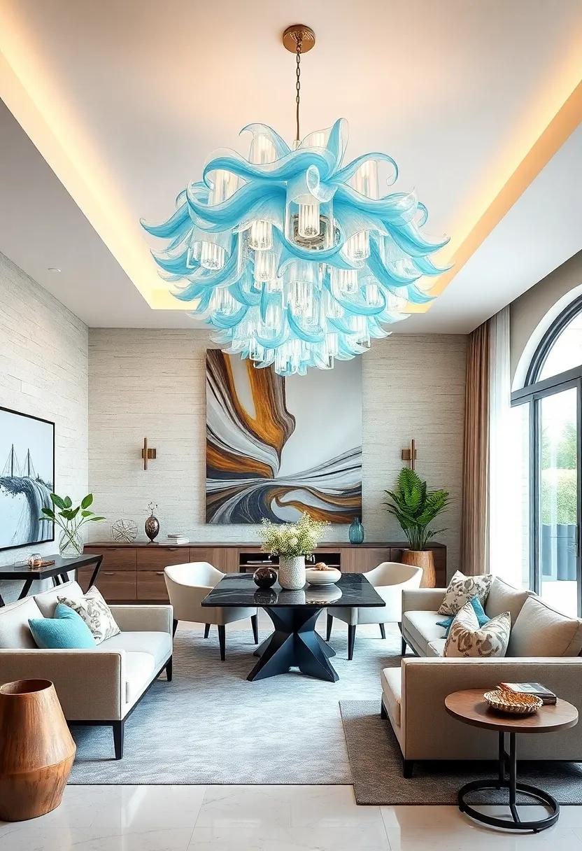 Chandeliers Inspired by Ocean Waves Featuring Translucent Glass and Soft Blue Hues