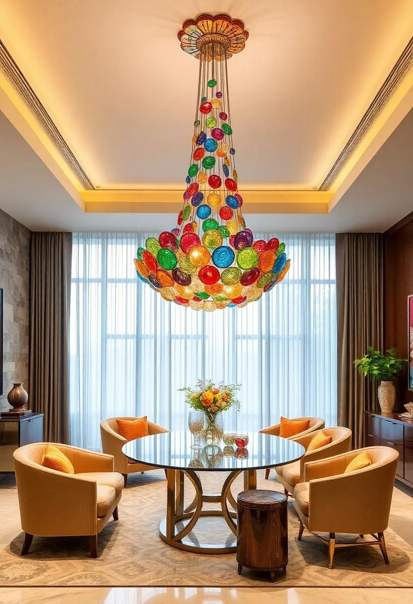 Colorful Murano Glass Pieces Interlaced in a Vibrant Mosaic Style Chandelier for Artistic Flair
