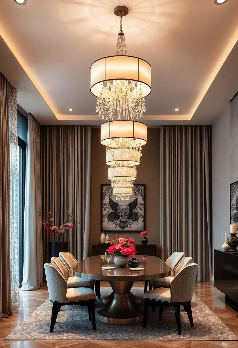 Elegant Drum Shaded Chandeliers Draped in Beaded Curtains Exuding Glamour and Sophistication