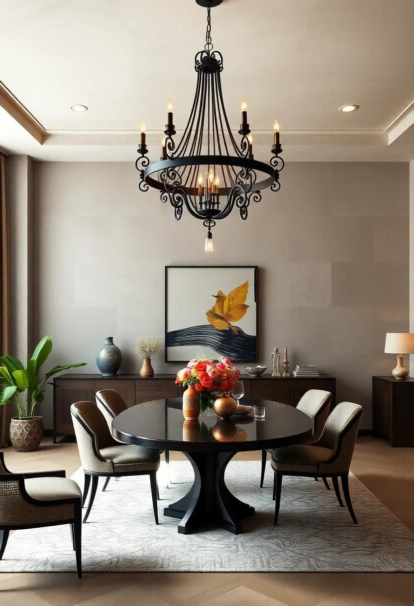 Gothic Revival Chandeliers with Dark Metal and Intricate Detailing Adding Drama to an Intimate Space