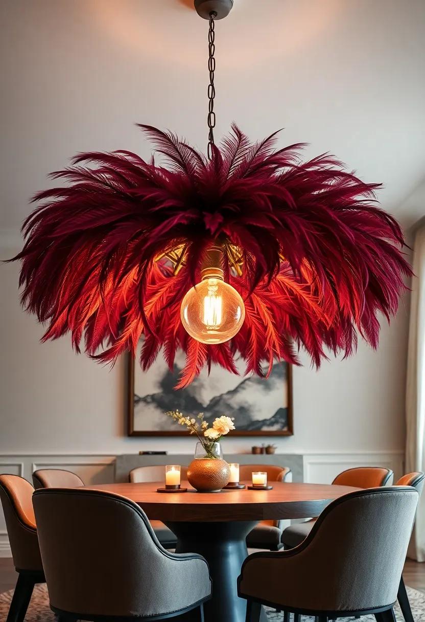Luxurious Feathered Accents Encircling a Central Light Bulb Offering a Boho Chic Dining Experience
