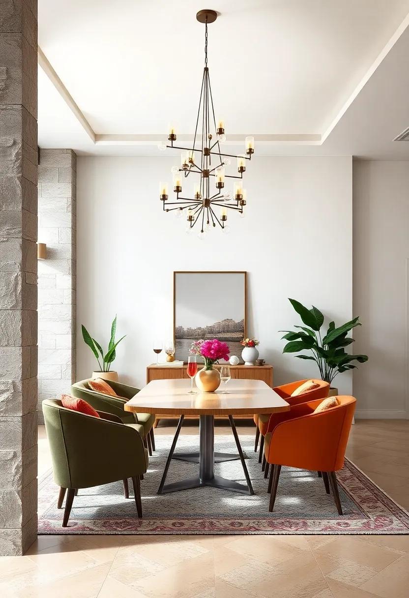 Mid-Century Modern Vibes with Clean Lines and Bold Colors Framing a Retro Dining Space