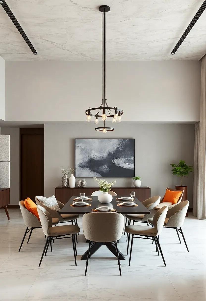 Minimalist Nordic Inspired Pendant Lights Suspended Above a Sleek Modern Dining Setting