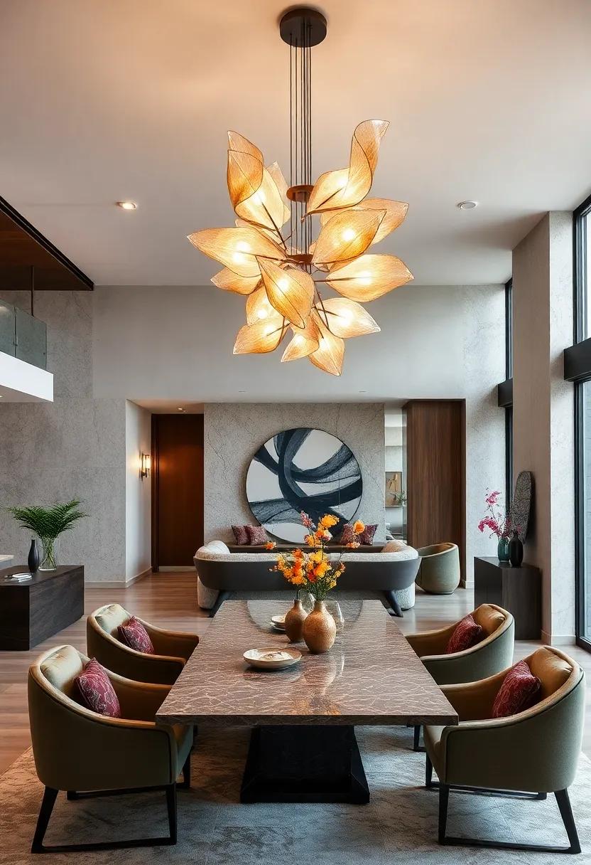 Modern Sculptural Pieces Resembling Abstract Art Suspended Elegantly in Open Concept Dining Rooms