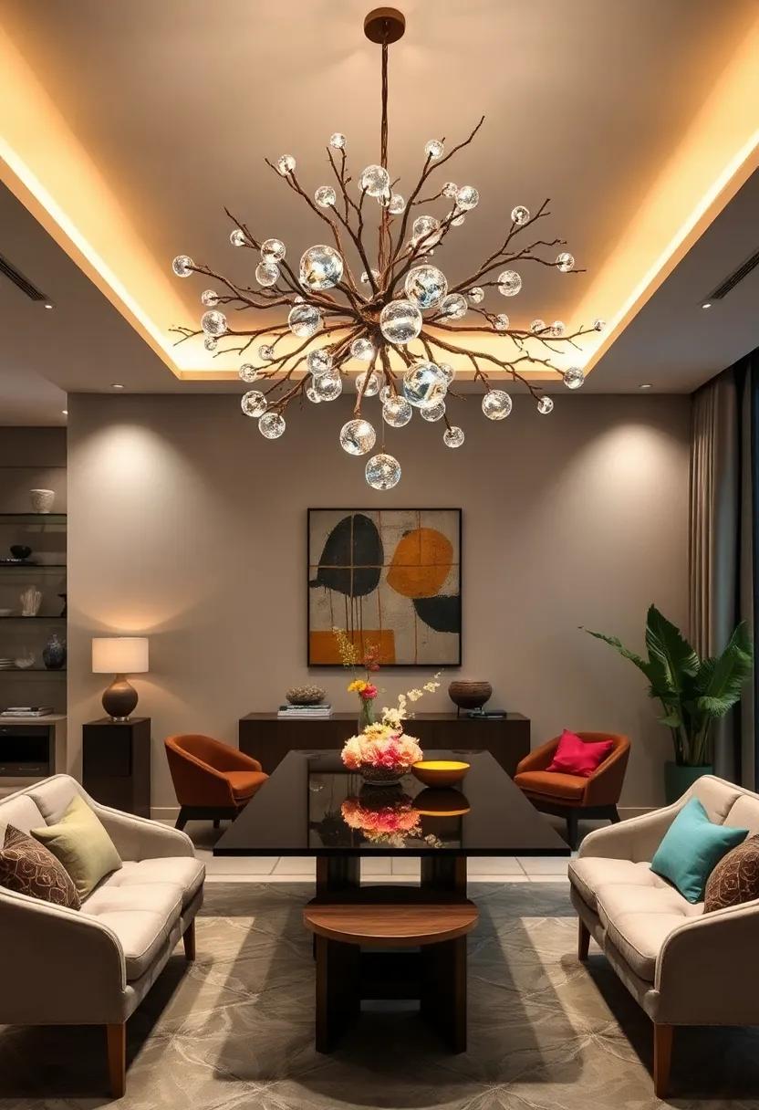 Nature Inspired Chandeliers with Branch-Like Details and Hanging Glass Orbs Mimicking Dewdrops