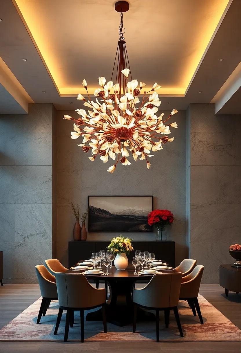 Sculptural Metalwork Shaping an Abstract Floral Chandelier Illuminating an Elegant Dinner Setting