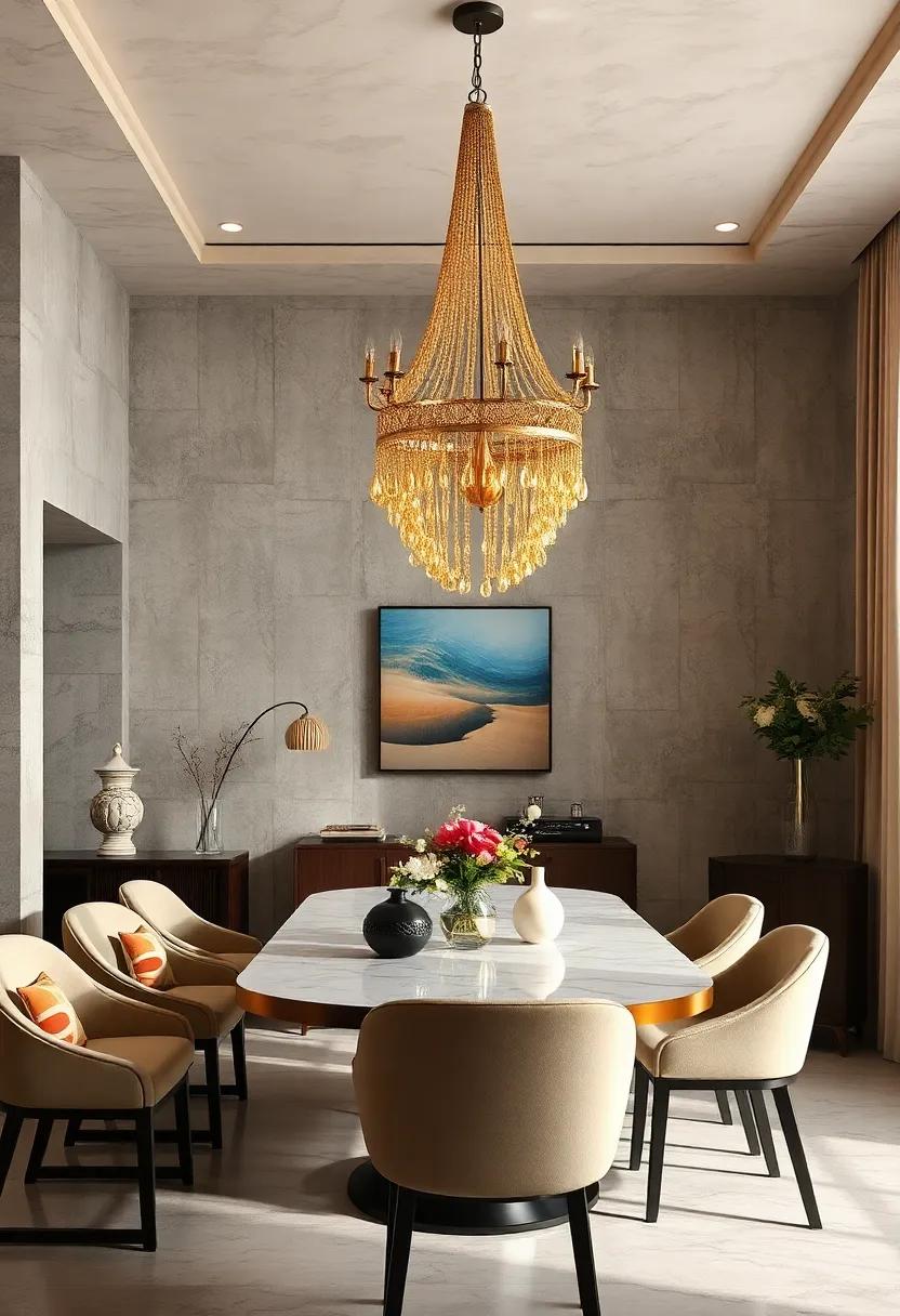 Shimmering Gold Leaf Chains Draped Like Jewelry Creating a Lavish Focal Point Above the Table