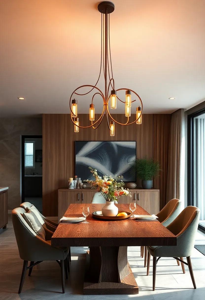 Soft Warm Glow Emitted by Delicately Curved Metal Arms Twisting Elegantly Over a Wooden Table