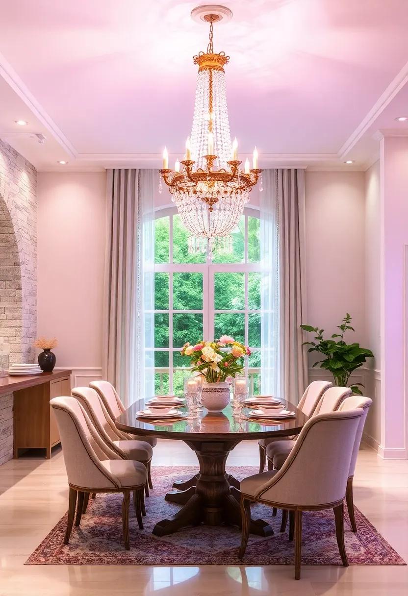 Vintage Crystal Chandeliers with Soft Lavender Lighting Casting Dreamy Shadows in a Romantic Space