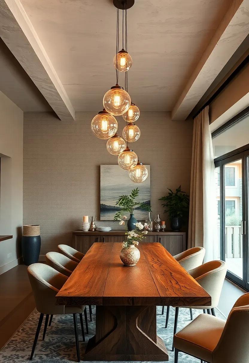Whimsical Floating Light Globes Hanging at Varied Heights Over a Rustic Reclaimed Wood Table