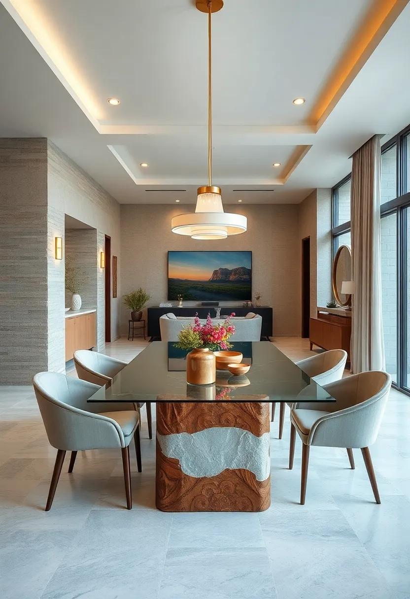 The Allure of Glass Tabletops Paired with Textured Concrete Bases in Dining Designs