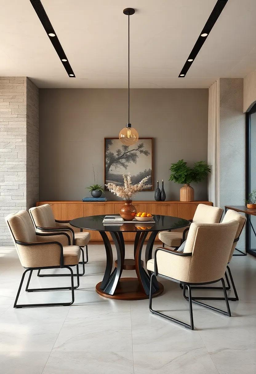 Balancing Cool Metal Frames with Plush Fabric Chairs for Inviting Dining Comfort