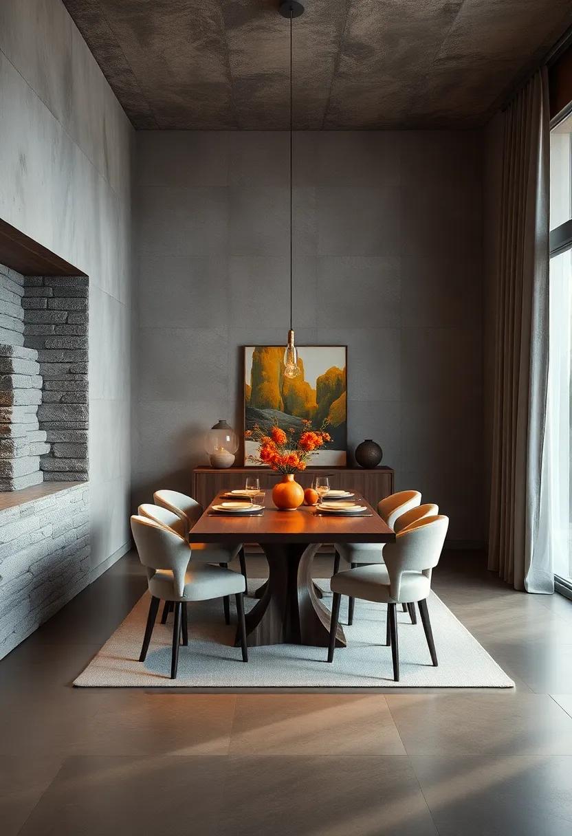 Capturing Warmth with Soft Fabrics and Rugged Stone Accents in Dining Spaces