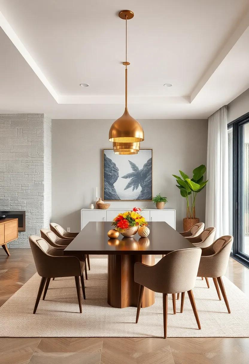 Combining Metallic Pendant Lights and Organic Centerpieces in Dining Room Design