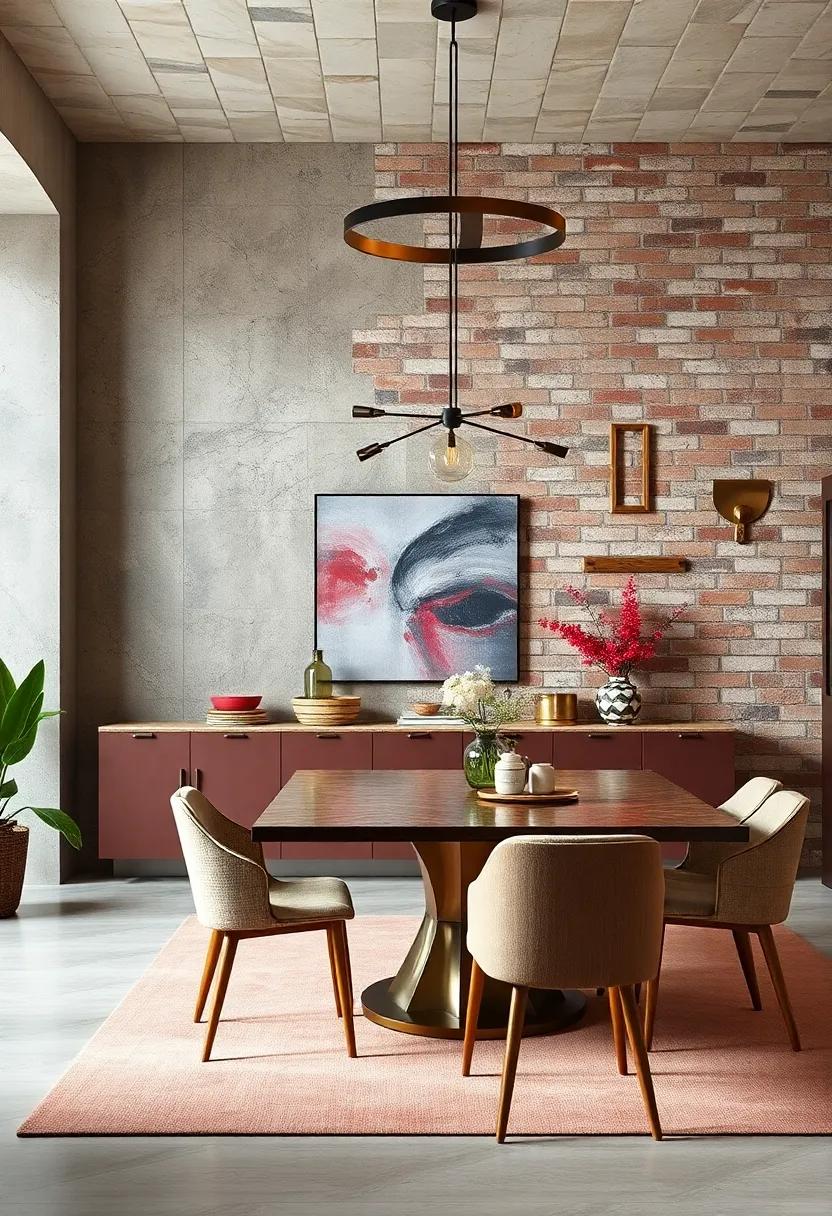 Contrasting Glossy Lacquer Cabinets with Rustic Brick Backdrops in Dining Rooms