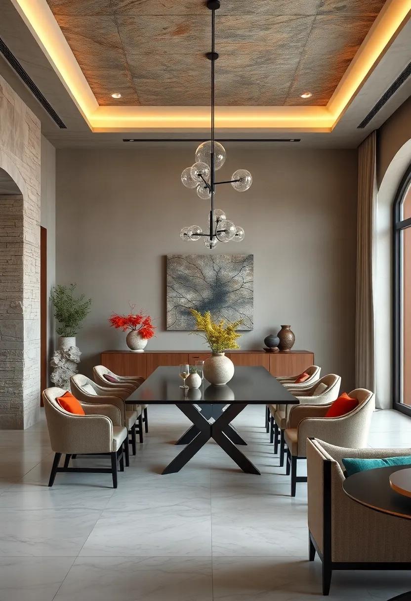 Incorporating Organic Shapes in Stone Sculptures and Metal Artwork for Dining Room Focus